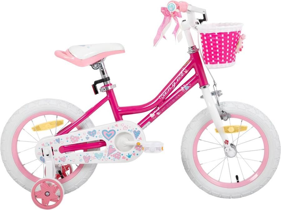 Happiq Meisjesfiets – Voor peuters en kinderen van 2-9 jaar – Met zijwieltjes mandje handrem & standaard – Roze 41 cm