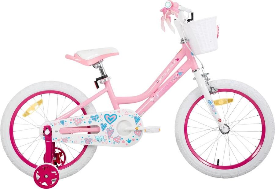 Happiq Meisjesfiets – Voor peuters en kinderen van 2-9 jaar – Met zijwieltjes mandje handrem & standaard – Roze2 46 cm