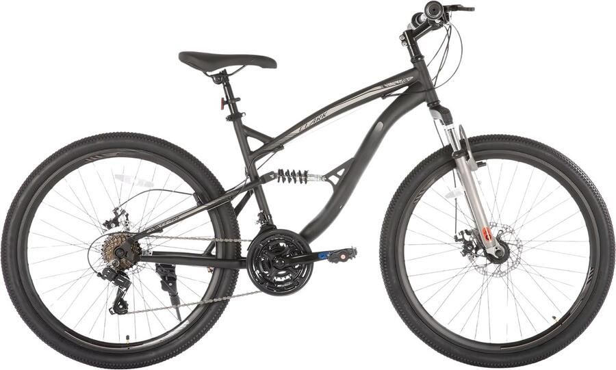 Happiq Mountainbike 61–66 cm – Voor volwassenen en studenten voor recreatief en sportief gebruik op terrein – Met 18 versnellingen en koolstofstaal frame – Zwart frame