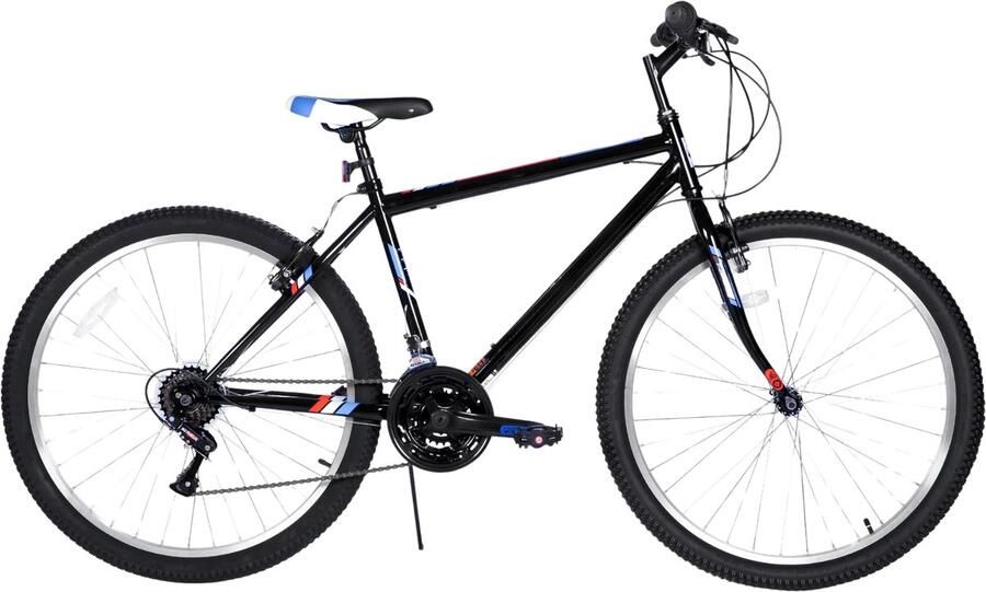 Happiq Mountainbike 61–66 cm – Voor volwassenen en studenten voor recreatief en sportief gebruik op terrein – Met 18 versnellingen en koolstofstaal frame – Zwart frame