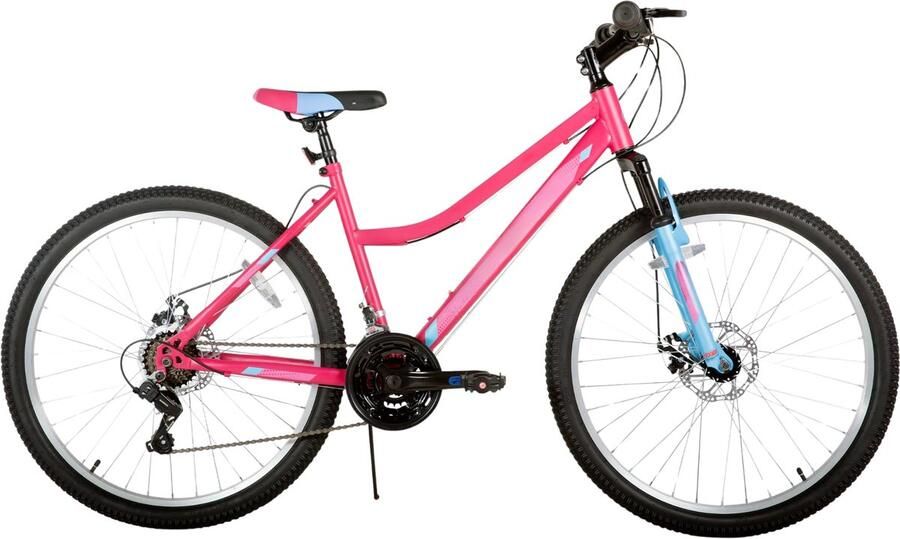 Happiq Mountainbike – Voor dames – 18 versnellingen voorvorkvering dubbele mechanische schijfremmen – 66 cm wielen roze aluminium frame