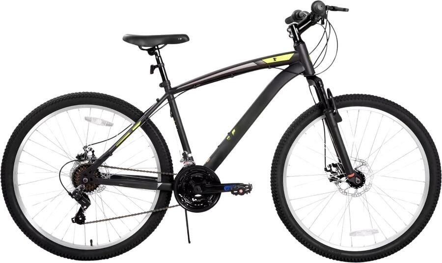 Happiq Mountainbike – Voor en – 18 versnellingen voorverende vork dubbele mechanische schijfrem – 66 cm geel