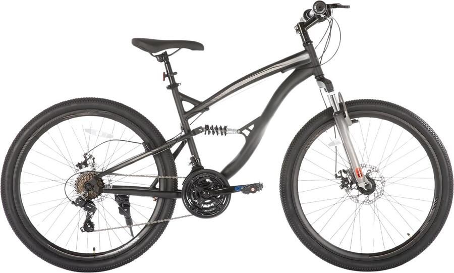 Happiq Mountainbike – Voor en – Volledig geveerd 21 versnellingen dubbele schijfremfiets – Zwart 66 cm