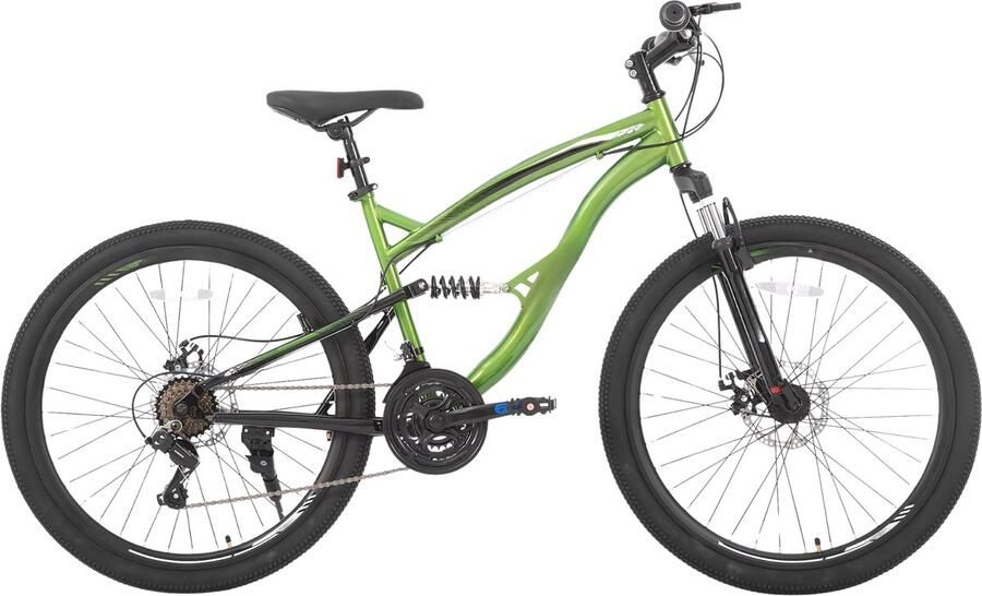 Happiq Mountainbike – Voor en volwassenen – 21 versnellingen volledige vering dubbele schijfrem – 66 cm groen