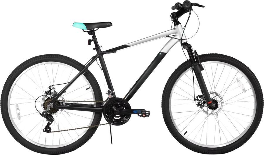 Happiq Mountainbike – Voor heren en studenten – 18 versnellingen voor- en achterschijfremmen verende vork – 66 cm 70 cm wielen zwart aluminium frame