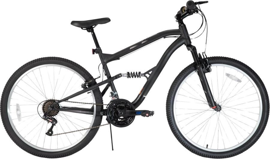 Happiq Mountainbike – Voor heren – Volledig geveerd 18 versnellingen V-rem schokabsorberende voorvork – 66 cm wielen zwart beperkte garantie