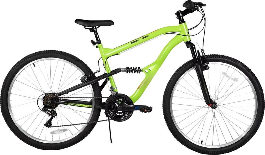 Happiq Mountainbike – Voor heren – Volledig geveerd 18 versnellingen V-rem schokabsorberende voorvork – 66 cm wielen groen beperkte garantie