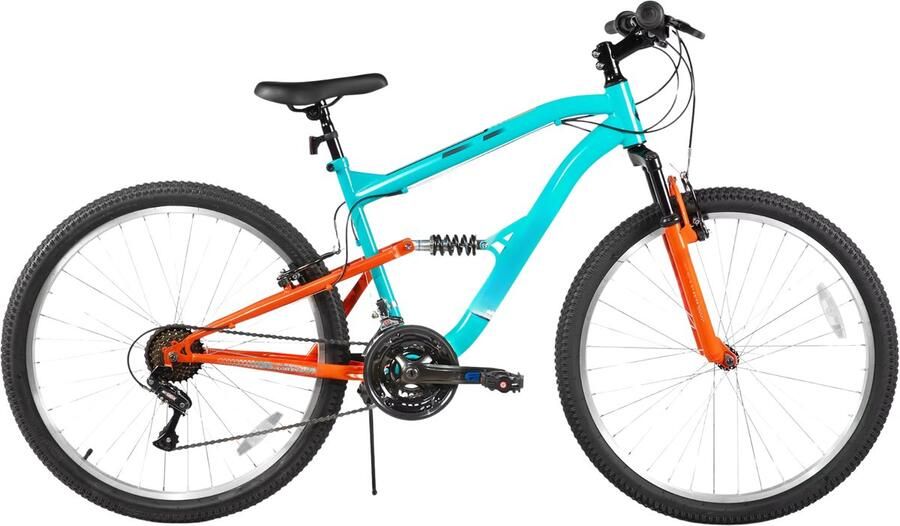 Happiq Mountainbike – Voor heren – Volledig geveerd 18 versnellingen V-rem schokabsorberende voorvork – 66 cm wielen blauw beperkte garantie