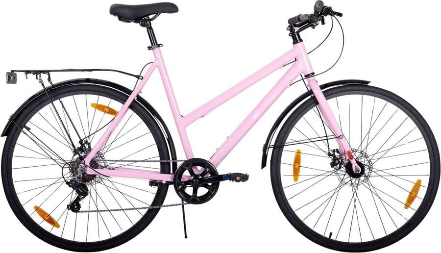 Happiq Stadsfiets 71 cm – Voor en voor woon-werkverkeer en dagelijks gebruik – Met 7 versnellingen spatborden en bagagedrager – Roze aluminium frame