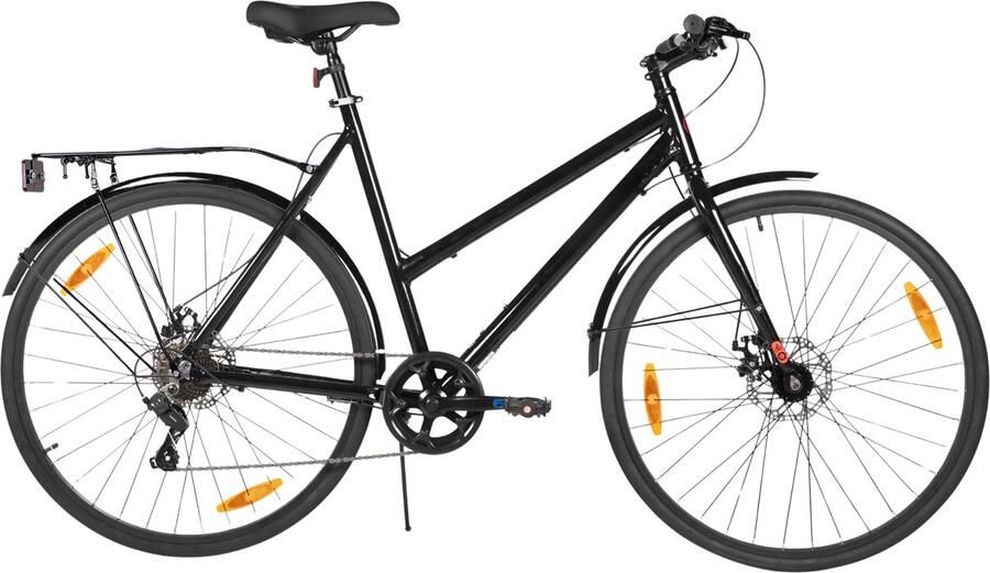 Happiq Stadsfiets 71 cm – Voor en voor woon-werkverkeer en dagelijks gebruik – Met 7 versnellingen spatborden en bagagedrager – Zwart aluminium frame
