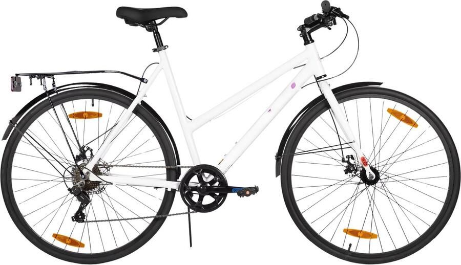Happiq Stadsfiets 71 cm – Voor en voor woon-werkverkeer en dagelijks gebruik – Met 7 versnellingen spatborden en bagagedrager – Wit aluminium frame