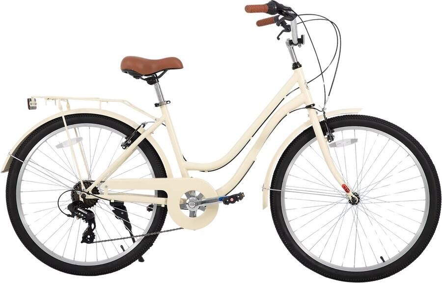 Happiq Strandcruiser – Voor en – 7 versnellingen achterdrager – 66 cm wielen beige volwassen stadsfiets