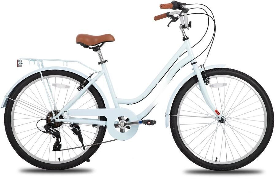 Happiq Strandcruiser – Voor en – 7 versnellingen achterdrager – 66 cm wielen blauw volwassen stadsfiets