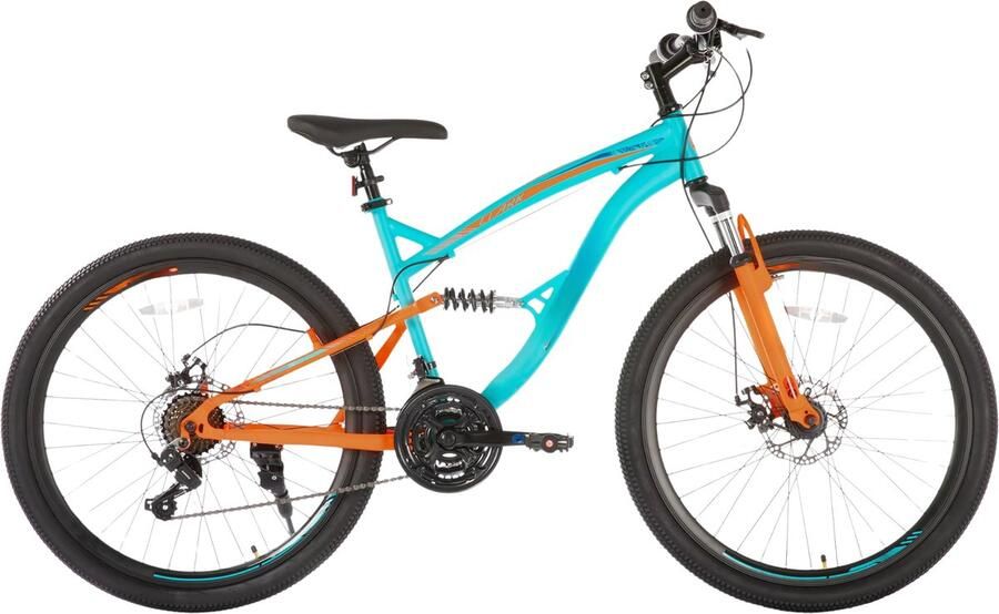 Happiq Volledig geveerde mountainbike 66 cm – Voor en voor recreatief en sportief gebruik op terrein – Met 21 versnellingen en dubbele schijfrem – Blauw aluminium frame