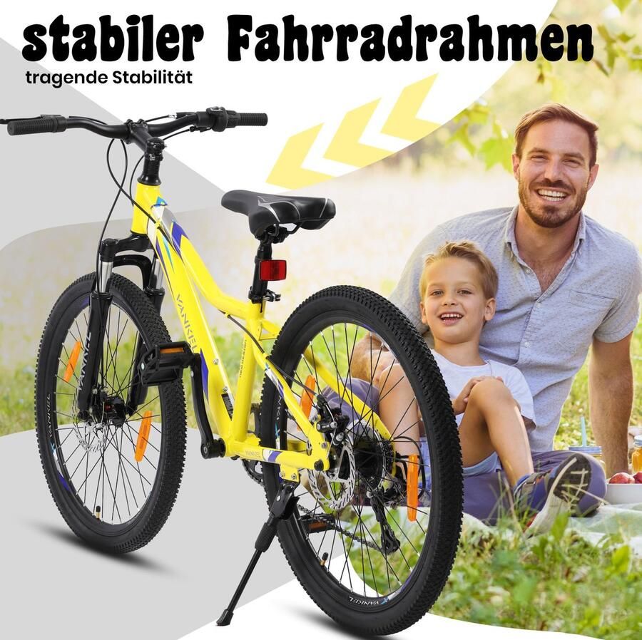 HAUSS SPOLE Kinderfiets – 24 Inch Mountainbike Met 6 Versnellingen – IJzeren Frame – Geel – Met Voorvering En Schijfrem Voor Kinderen