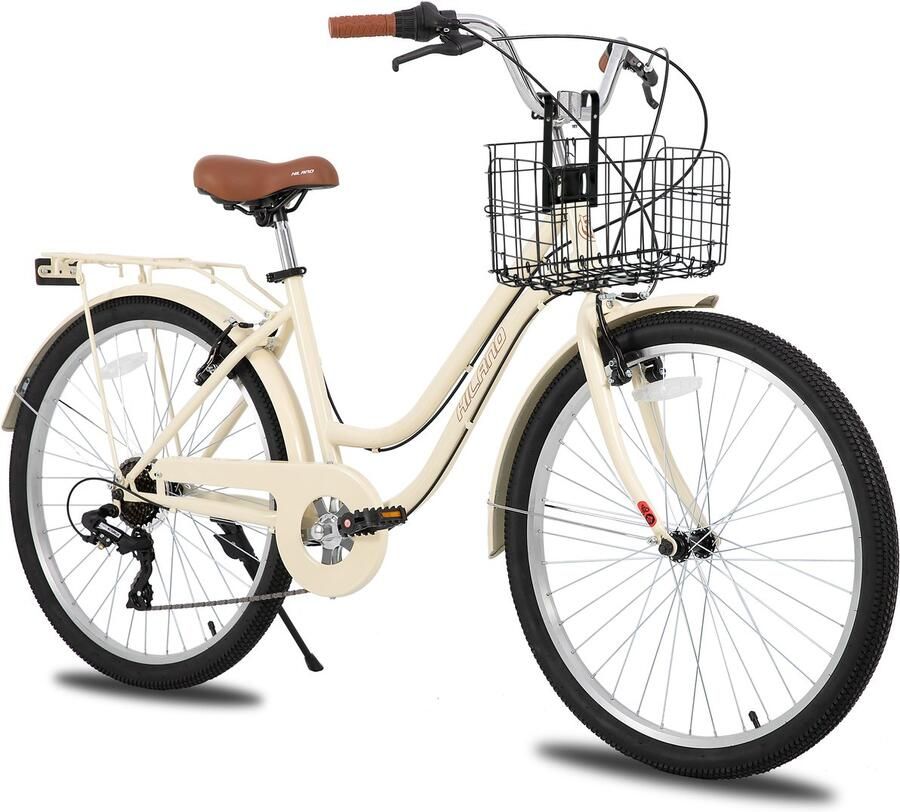 Hiland Breeze Dames Commuter Stadsfiets 26 7 Versnellingen Handrem Mand Standaard Beige Geschikt voor buitenactiviteiten in de lente