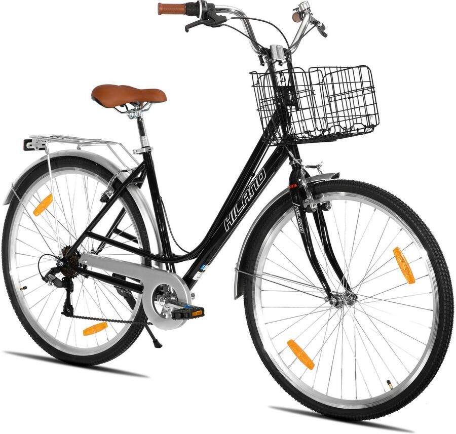 Hiland Elegante Damesfiets 28 Inch Stadsfiets met 7 Versnellingen Inclusief Fietsmand & Bagagedrager Zwart