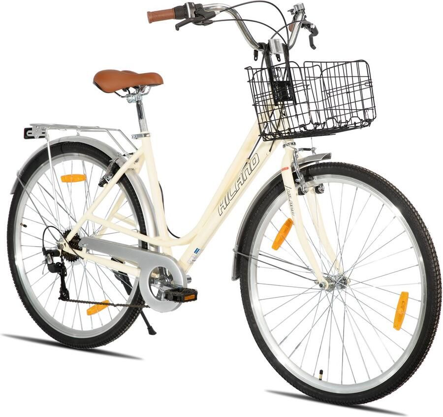 Hiland Elegante Damesfiets 28 Inch Stadsfiets met 7 Versnellingen Inclusief Fietsmand & Bagagedrager Beige