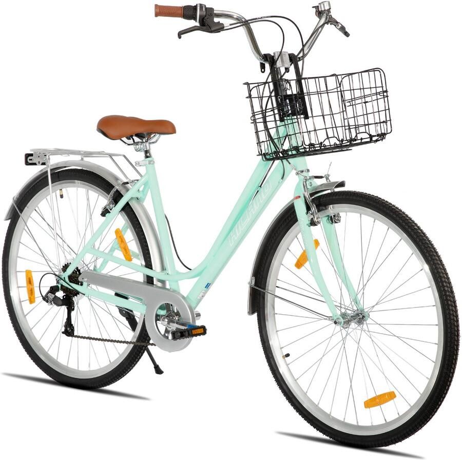 Hiland Elegante Damesfiets 28 Inch Stadsfiets met 7 Versnellingen Inclusief Fietsmand & Bagagedrager Groen