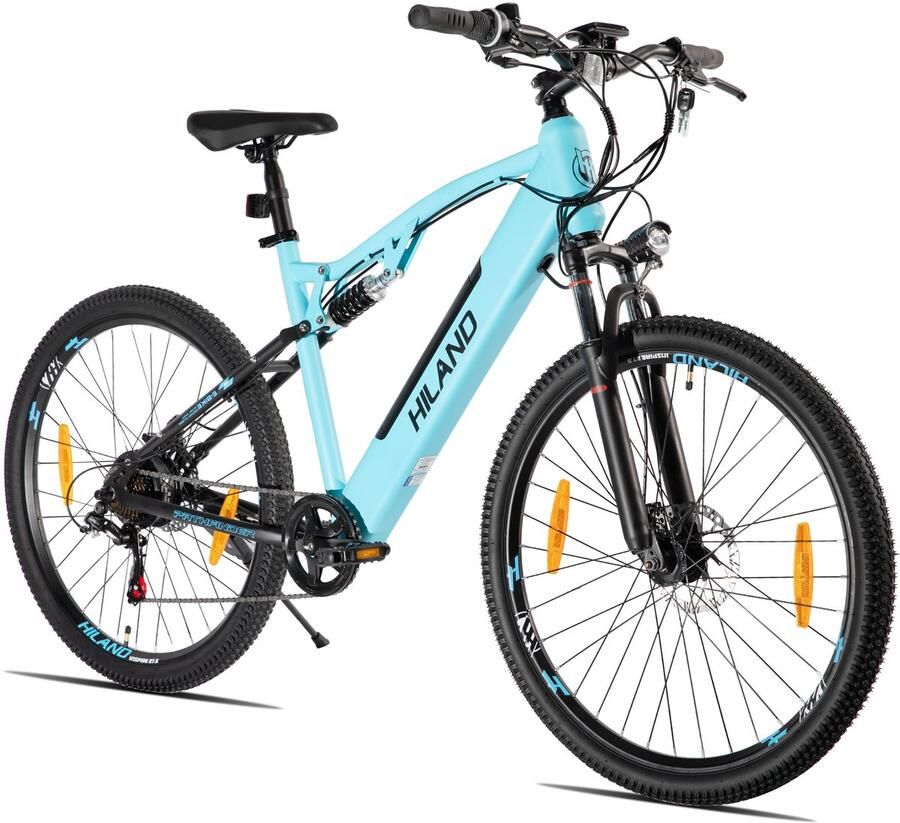 Hiland Spokane Elektrische Mountainbike 27.5 Inch Full Suspension 250W Motor Shi o 7 Versnellingen Mechanische Schijfrem Blauw