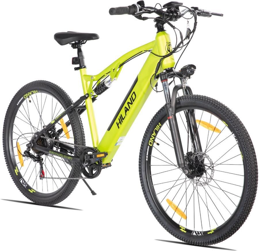 Hiland Spokane Elektrische Mountainbike 27.5 Inch Full Suspension 250W Motor Shi o 7 Versnellingen Mechanische Schijfrem Groen