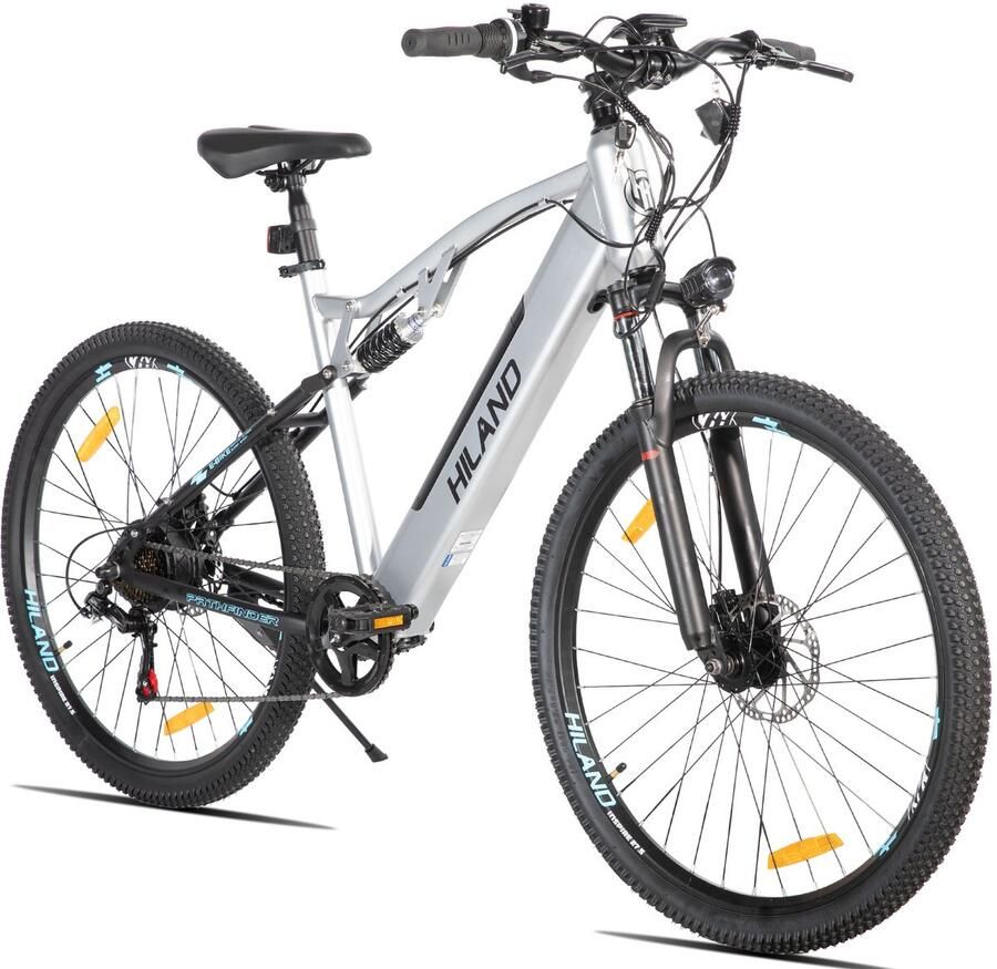 Hiland Spokane Elektrische Mountainbike 27.5 Inch Full Suspension 250W Motor Shi o 7 Versnellingen Mechanische Schijfrem Grijs