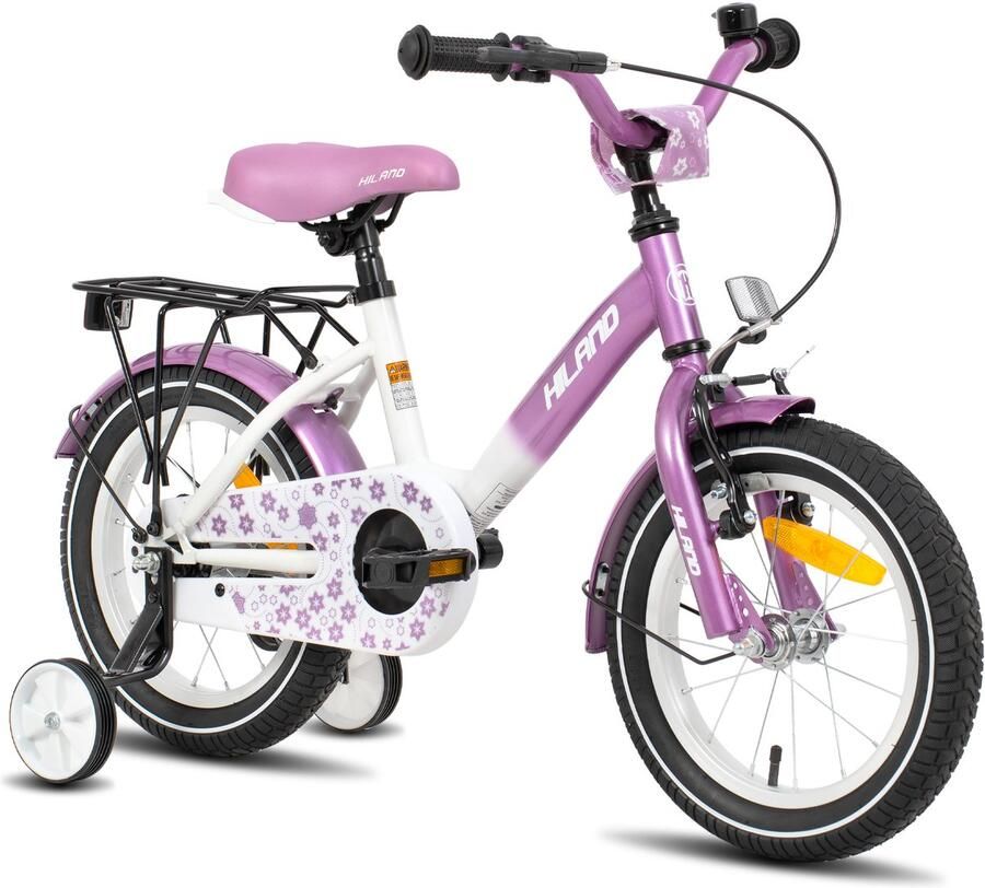 Hiland Starry Meisjesfiets 14 Inch Inclusief Zijwieltjes & Bagagedrager Handrem & Terugtraprem Paars