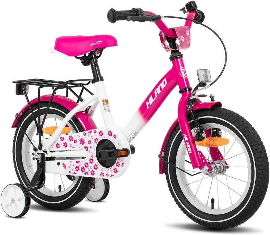 Hiland Starry Meisjesfiets 12 Inch Inclusief Zijwieltjes & Bagagedrager Handrem & Terugtraprem Roze