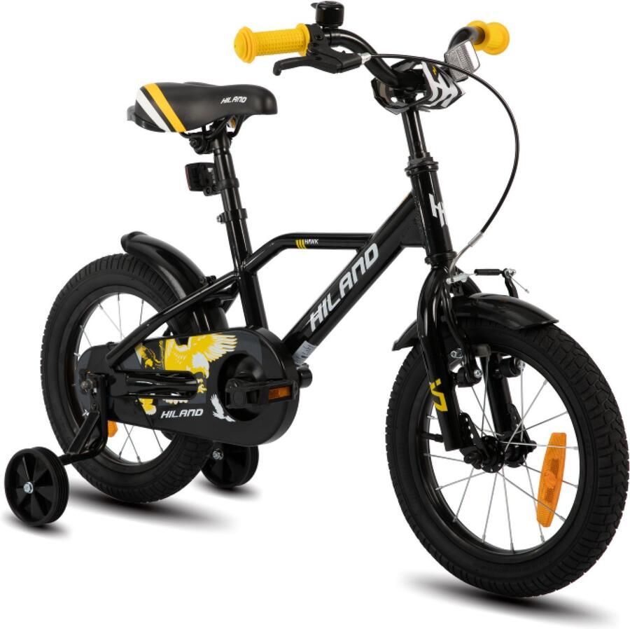 Hiland Stoere Jongensfiets 12 Inch Met Zijwieltjes & Standaard Handrem & Terugtraprem Zwart Oranje