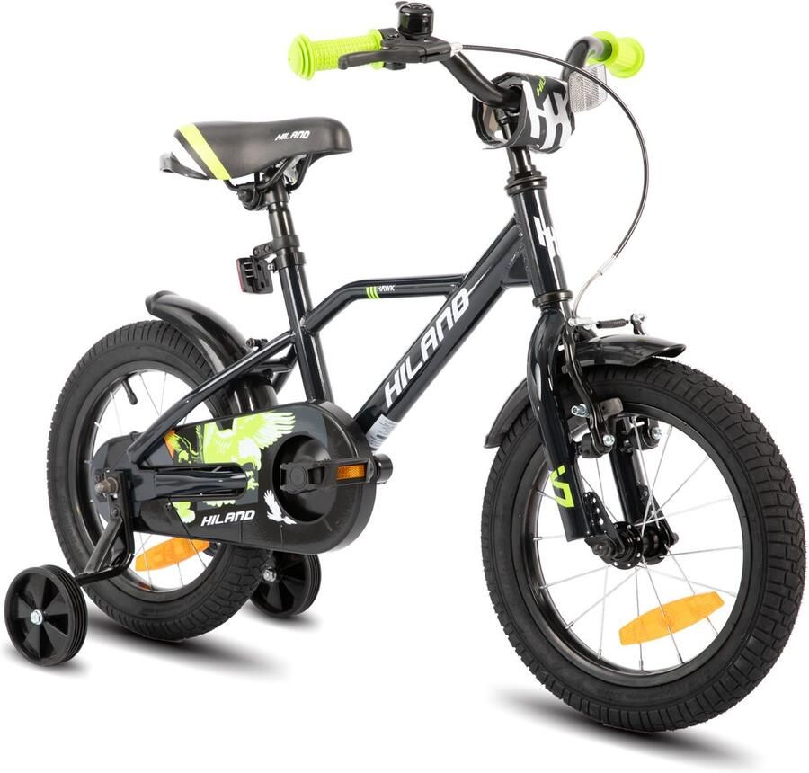 Hiland Stoere Jongensfiets 16 Inch Met Zijwieltjes & Standaard Handrem & Terugtraprem Zwart Groen