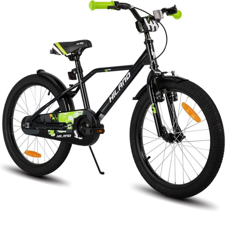 Hiland Stoere Jongensfiets 20 Inch Met Zijwieltjes & Standaard Handrem & Terugtraprem Zwart Groen Geschikt voor buitenactiviteiten in de lente