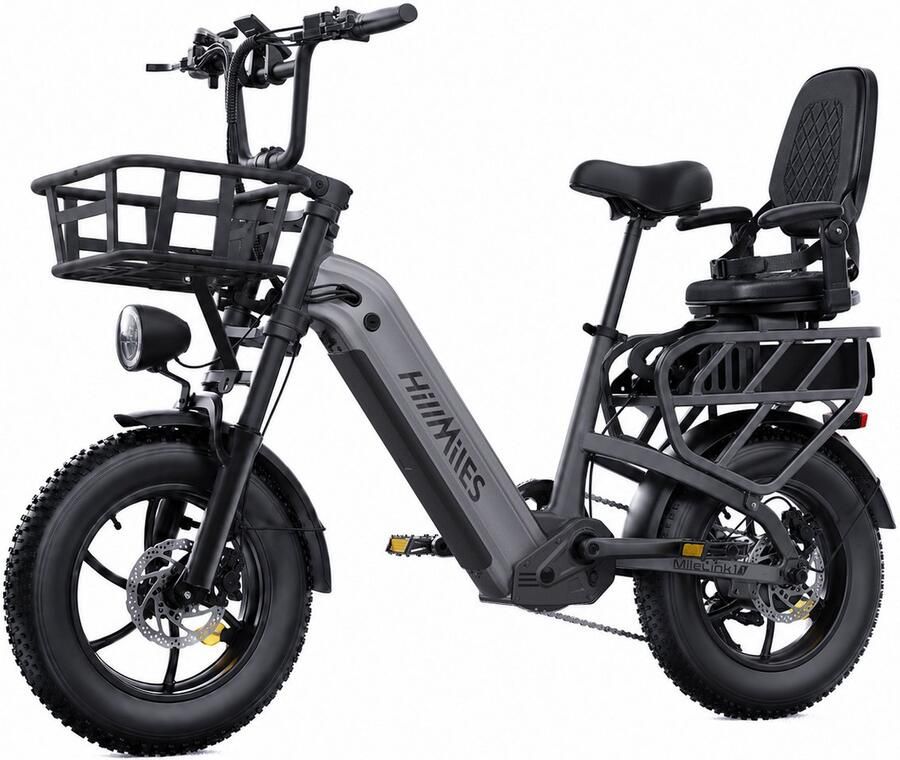 HillMiles MileLink 1 Elektrische fiets |250W 65Nm koppel Dubbele 48V (18+22 5Ah) lithium‑accu |16×4 brede banden hydraulische schijfrem Achterdrager hoog draagvermogen Stads‑ en off‑road Inclusief kinderfietszitje en voor d‑set Grijs