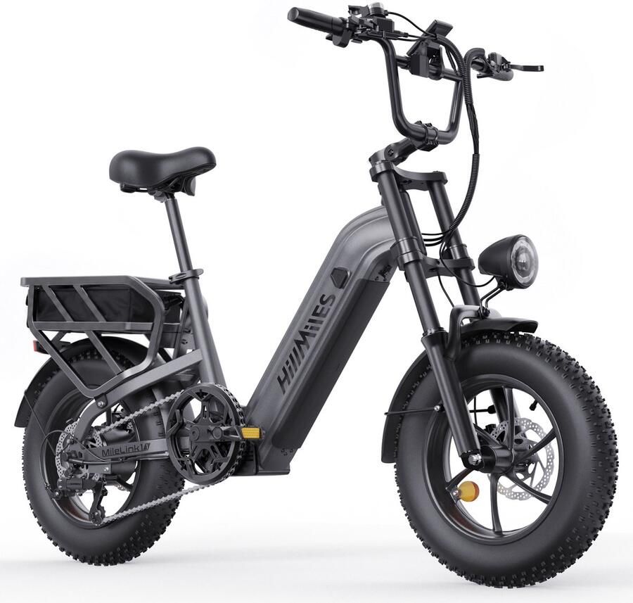 HillMiles Mile Link 1 Elektrische fiets 250W maximaal 25km u 48V 18Ah accu 16x4 inch brede banden hydraulische schijfrem inclusief achterdrager met hoog draagvermogen geschikt voor stadsverkeer en off-road ebike grijs