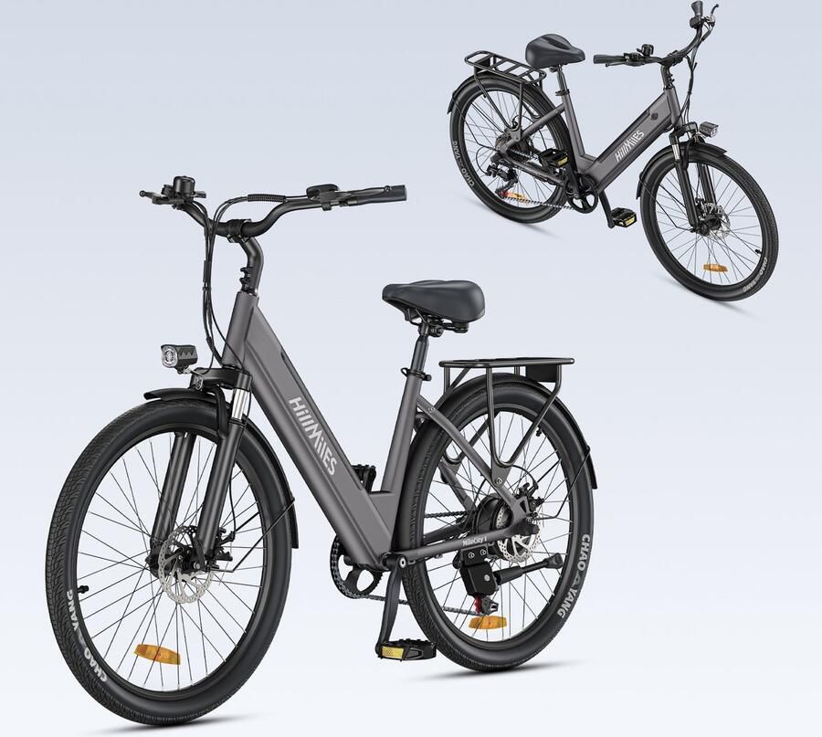 HillMiles MileCity 1 Elektrische fiets 250W motor Actieradius tot 80 km Verwijderbare 36V 13Ah accu 7 versnellingen 26 inch stadsfiets Grijs