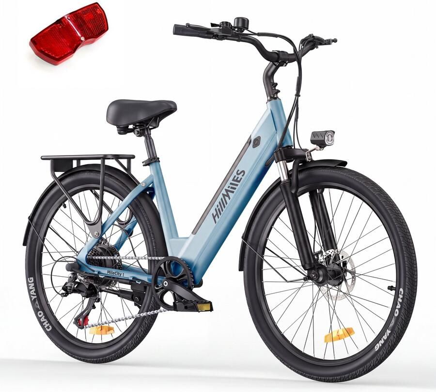 HillMiles Milecity 1 Elektrische Fiets Actieradius 80 km Verwijderbare accu 36V 13Ah 26 inch stadsfiets voor woon-werkverkeer blauw met achterlicht