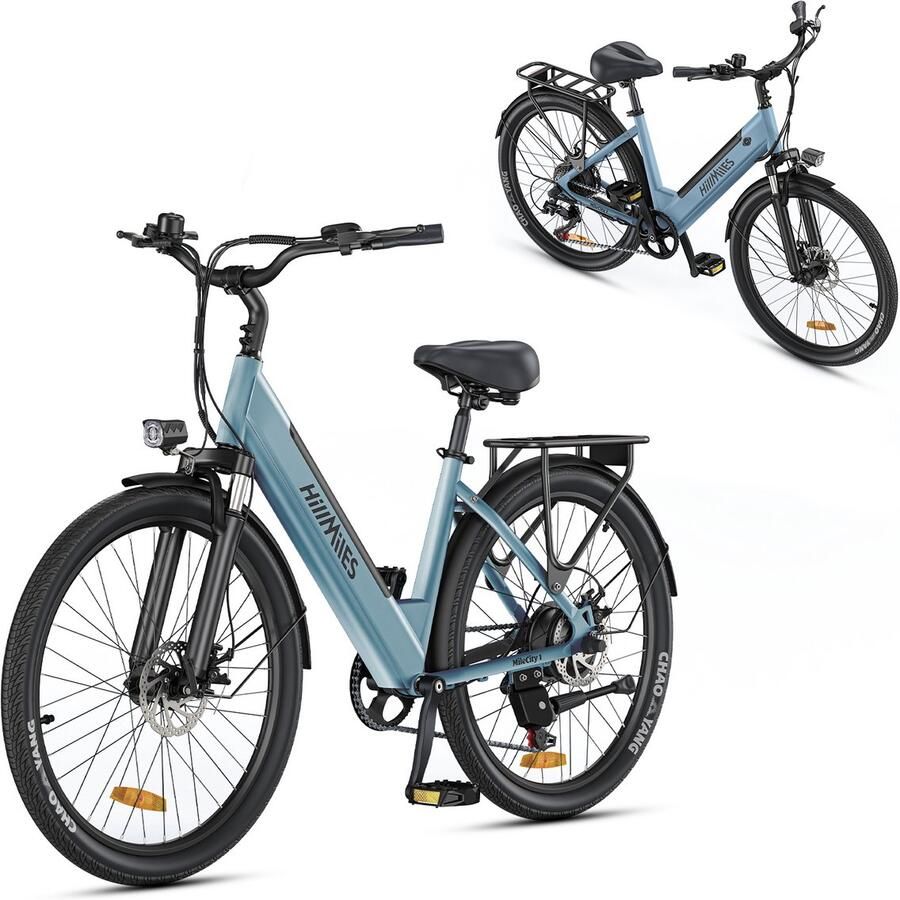HillMiles MileCity 1 Elektrische fiets lage instap 44cm 26 inch stads e-bike voor volwassenen 25km u Shi o 7 versnellingen 36V13Ah accu mechanische schijfrem voorvorkvering Blauw