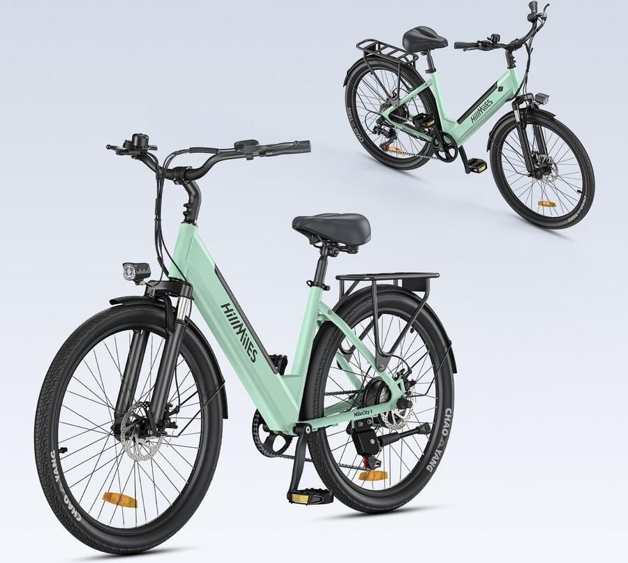 HillMiles MileCity 1 Elektrische Stadsfiets 26 inch 250W 36V 13Ah verwijderbare accu actieradius tot 100km 7 versnellingen voorvering schijfrem Groen