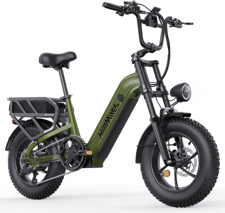 HillMiles MileLink 1 Elektrische fiets 250W 65Nm 25km u met 50° stuurdraaihoek Dubbele accu 48V 18+22.5Ah brede banden hydraulische rem en grote achterdrager voor lading stads terreinfiets Groen