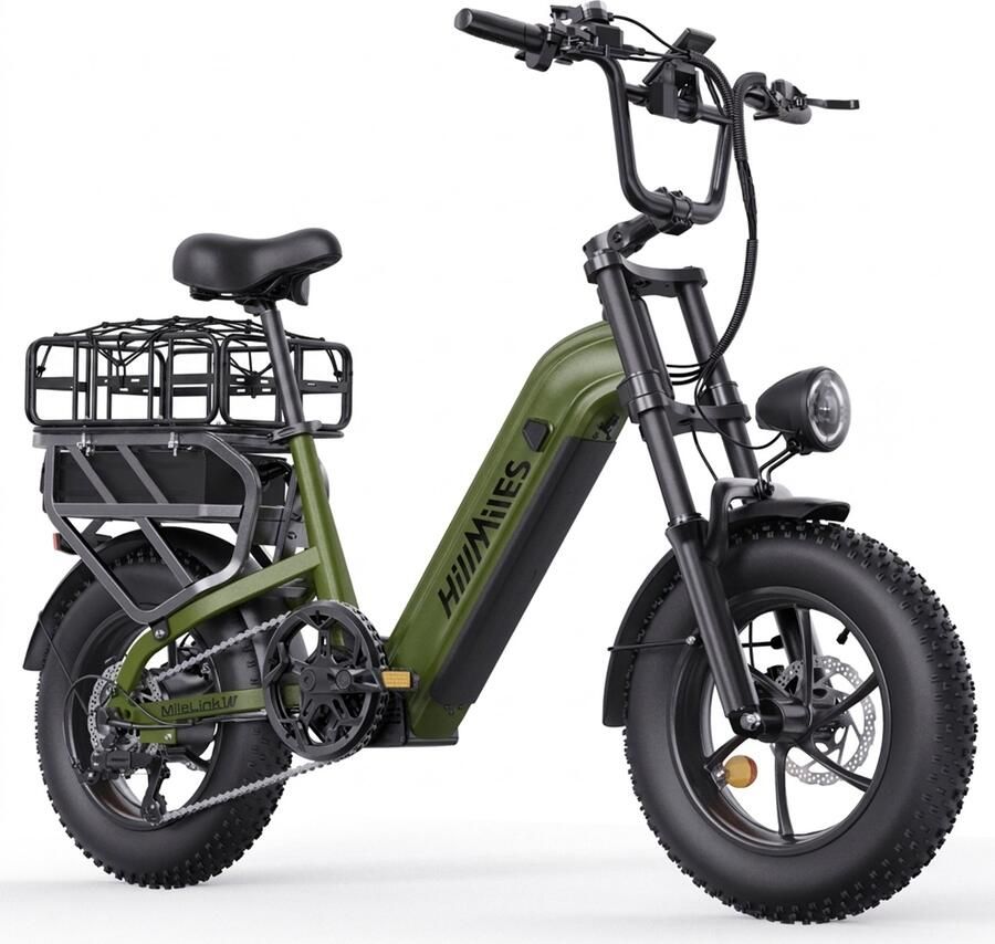 HillMiles MileLink 1 Elektrische fiets 250W 65Nm bereik tot 250 km dubbele accu 48V 18+22 5Ah brede banden hydraulische rem grote achterdrager stad & terrein met achter d Groen