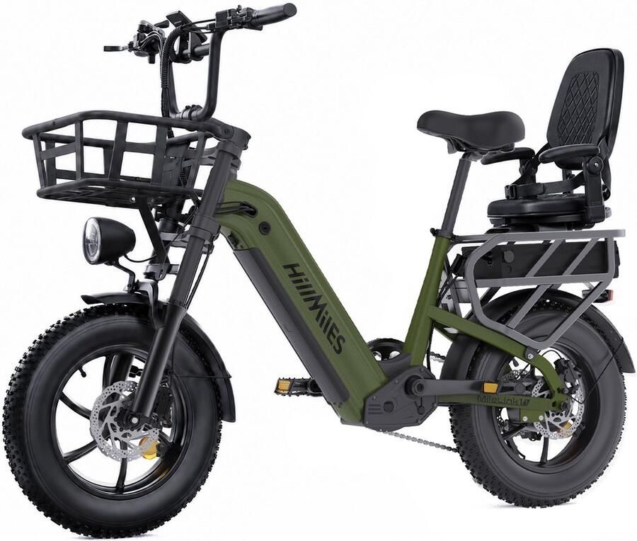 HillMiles MileLink 1 Elektrische fiets 250W 65Nm Dubbele accu 48V (18+22 5Ah) Hydraulische rem brede banden grote achterdrager Inclusief kinderfietszitje en voor d‑set Stads‑ en terreinfiets Groen