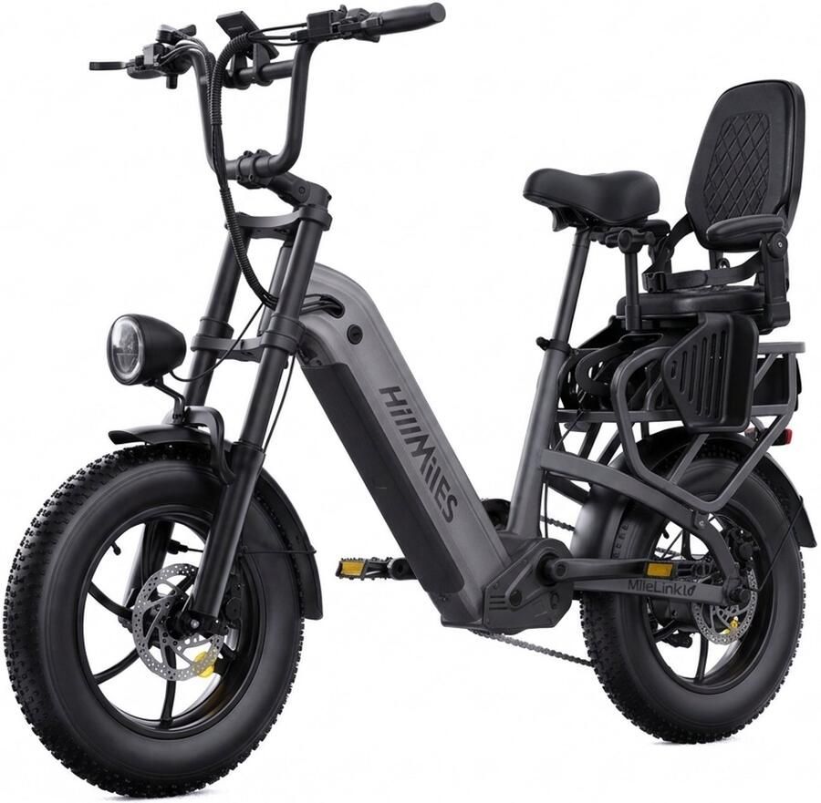 HillMiles MileLink 1 Elektrische Transportfiets 65Nm dubbele 48V 18+22 5Ah lithium accu bereik tot 250 km hydraulische schijfrem stad & off-road met kinderzitje Grijs