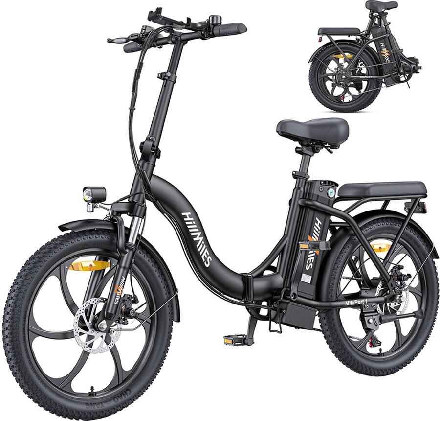 HillMiles MilePort 1 elektrische fiets 250 W motor 36 V 13 Ah accu 20*3 0 inch banden maximale snelheid 25 km u maximaal bereik 100 km voorvorkvering mechanische schijfrem Shi o 7 versnellingen zwart