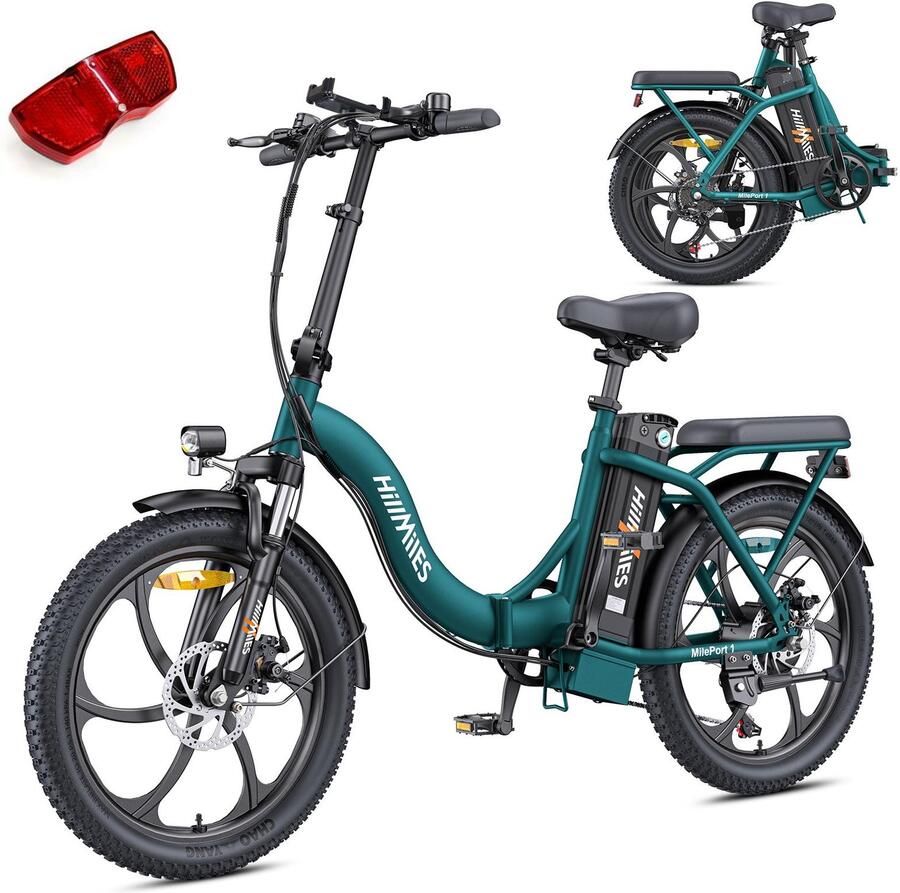 HillMiles MilePort 1 Elektrische vouwfiets 20 inch 250W motor‑ 36V 13Ah uitneembare batterij Actieradius tot 80 km Elektrische stadsfiets Groen met achterlicht