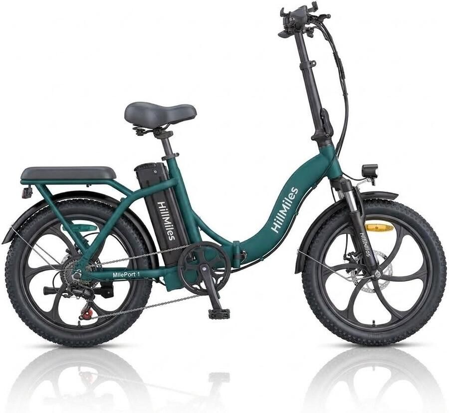 HillMiles MilePort 1 Vouwbare E-bike 20×3.0 Fatband 25km h Shi o 7 versnellingen IPX4 waterbestendig max draagvermogen 120kg elektrische fiets voor stad en heuvelachtig terrein Groen