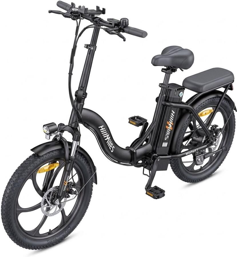 HillMiles MilePort 1 Vouwbare Elektrische Fiets 20 inch Fatband 250W motor 36V 13Ah batterij bereik tot 100km 7 versnellingen voorvorkvering mechanische schijfrem voor woon-werkverkeer en stadsritten Zwart