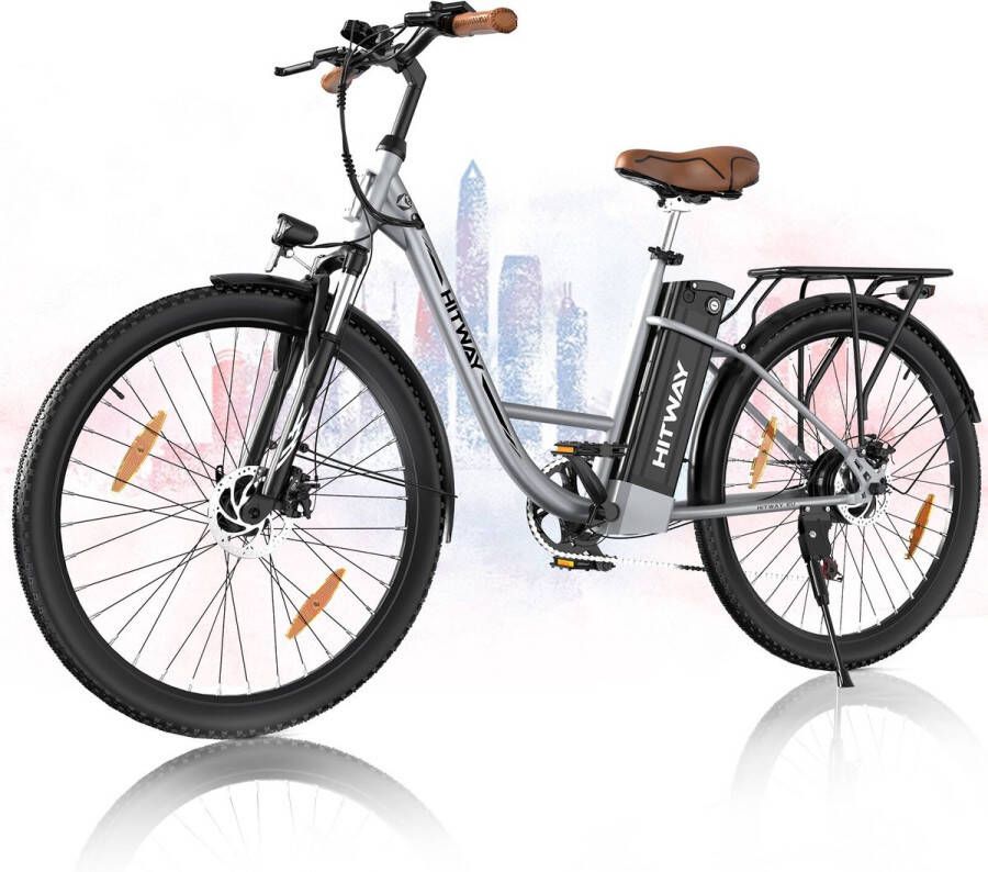 Hitway BK31 Elektrische stadsfiets 250W motor City Commuter EBike 28x2 band 36V 13Ah batterij 70km Max Bereik Dubbelschijfrem 7 Versnellingen IP54 Waterdicht，zilver - Foto 2