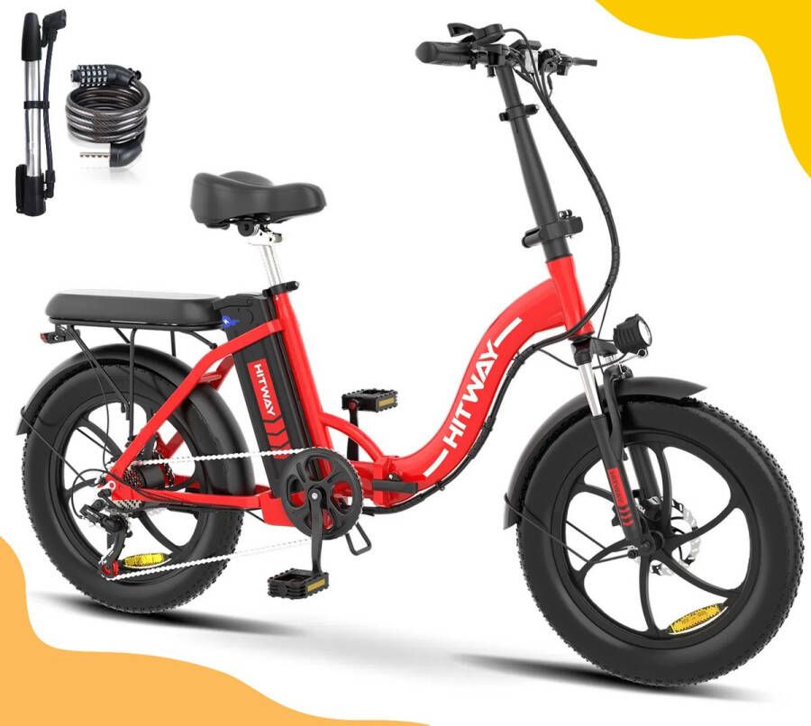 Hitway BK6S Elektrische Fiets Opvouwbare E-bike 20 Inch Fatbike 12AH 25km h 7 Versnellingen Rood