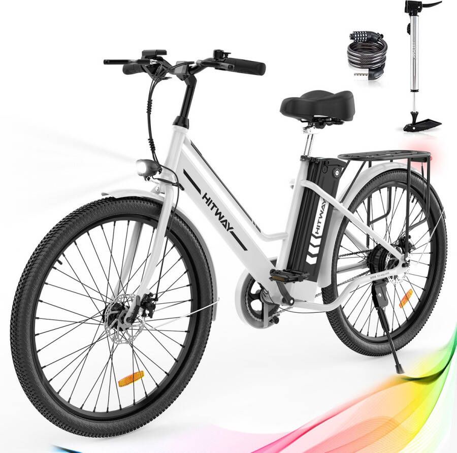 Hitway elektrische fiets 26 inch 250 W motor Li-batterij 36 V 8.4 Ah tot 35-70 km，Wit blauw