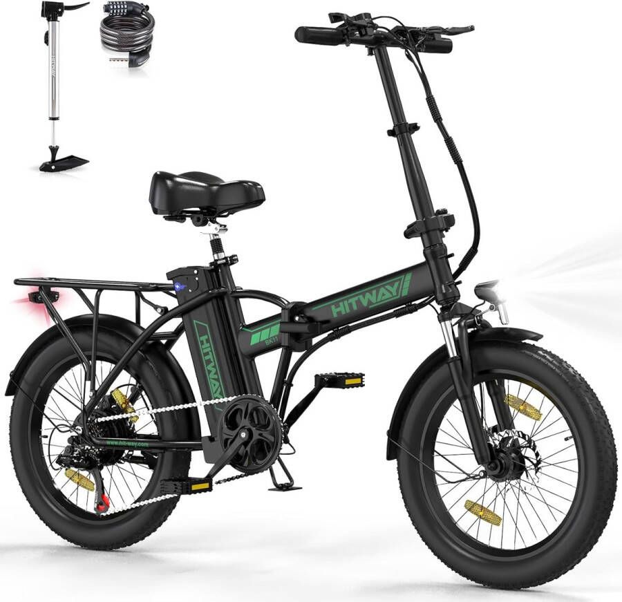 Hitway Elektrische Fiets BK11 20*3.0 Inch Fat Tire City Commuter EBike met Afneembare 36V 12Ah Lithium Batterij Opvouwbaar Mountain E-Bike met 250W Motor 7 Versnellingen IP54 Waterdicht