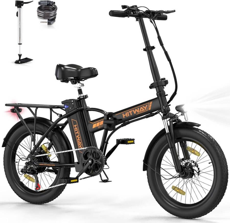 Hitway Elektrische Fiets BK11 E-bike 250W Motor Fat Tire 12Ah 20 Inch Zwart Oranje